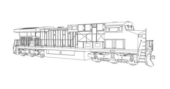 现代化的内燃机车, 具有强大的动力和力量, 可用于移动长重的铁路列车。带有轮廓描边线的矢量插图