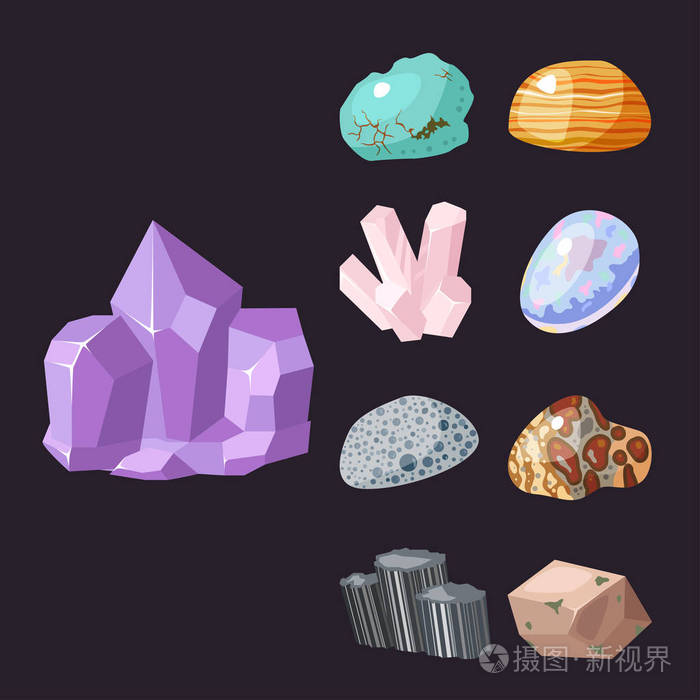半宝石宝石和矿物石分离骰子彩色闪亮的水晶矢量插图