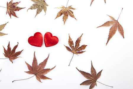 两个红色的心和秋天的落叶