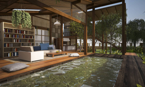 3d 呈现当代木生活阳台和休息室和游泳池为例，好的作文的附近木阳台和客厅家具