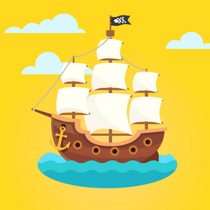 海盗船与帆是白色和黑色骷髅旗