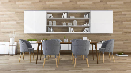 餐厅和会议室与美丽的 3d 渲染木建在和家具