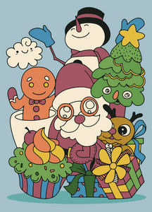 圣诞快乐快乐的圣诞伴侣。圣诞老人, 雪人, 驯鹿和生姜, 手绘, 矢量插图