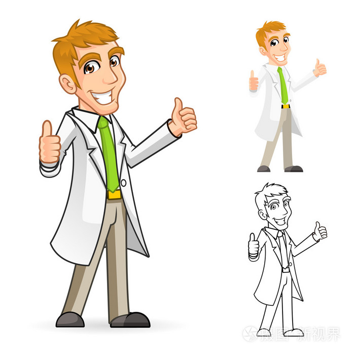 科学家的卡通人物与武器竖起大拇指