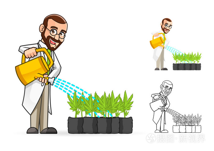 科学家卡通人物给植物浇水