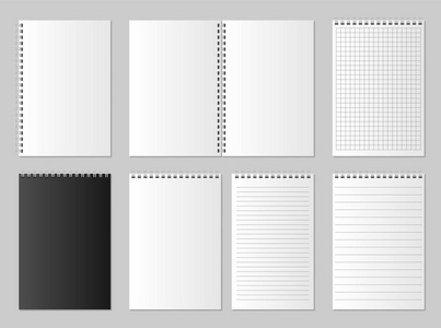 现实的空白打开和关闭组织者。笔记本和记事本集模拟隔离。日记纸页面组织者和笔记本。矢量插图
