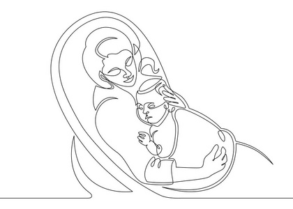 标志与母亲抱着她的孩子。连续线绘制矢量图。睡枕单线图