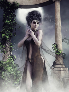 夜晚的场景显示一个吸血鬼女孩站在一个的哥特式凉亭反对满月的天空。3d 渲染