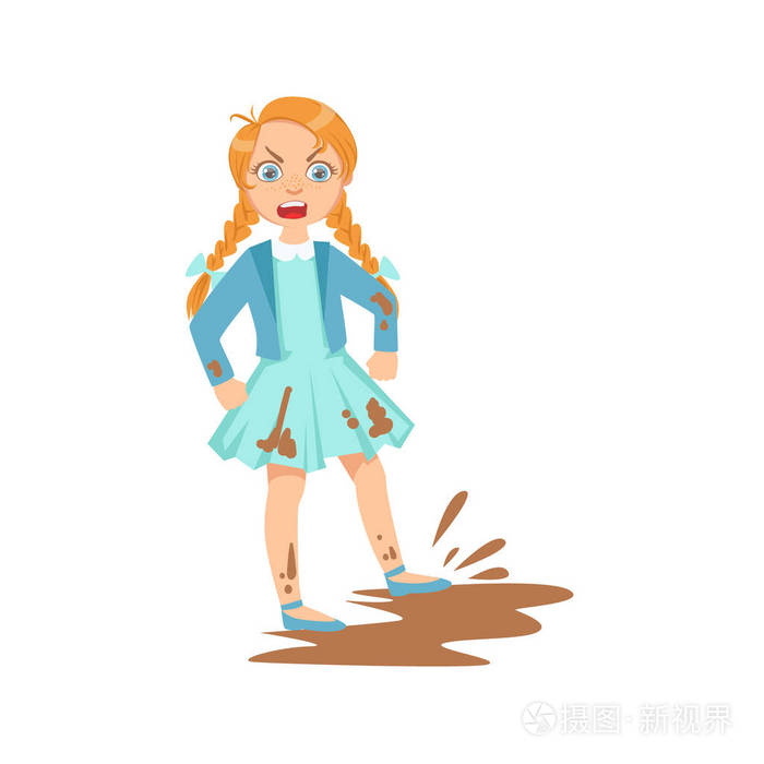女孩做飞溅在泥浆水坑少女欺负展示调皮不可控违法行为卡通插图
