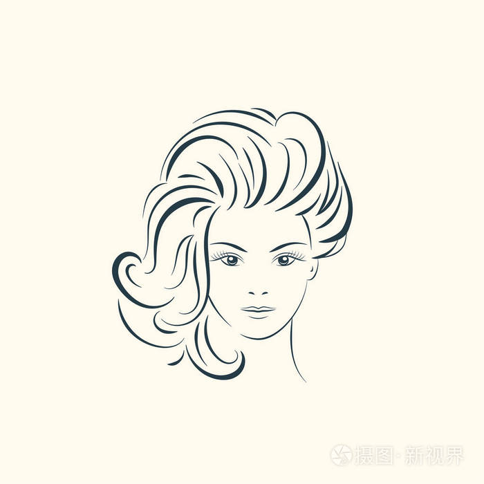 美丽女人面对长长的卷发.线条图