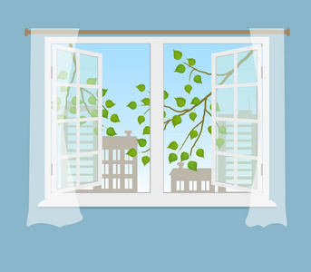 打开窗口, 窗帘在蓝色背景上。窗外有一棵树的树枝, 上面有树叶和建筑物的剪影。矢量插图