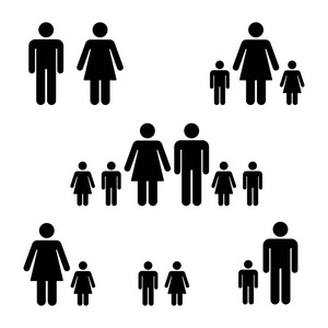 家庭图标集。姿势棍子图。直立人与女性符号象形在白色上的矢量图示