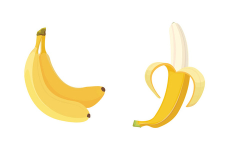 新鲜香蕉果实，矢量插图的集合。去皮和切片香蕉