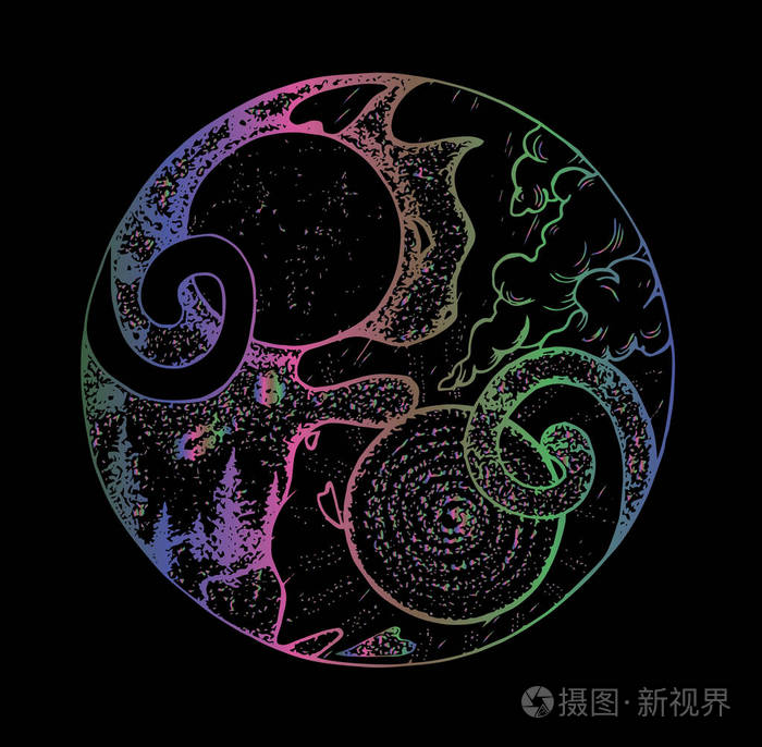 有两只猫的阴阳插图符号.他们白天和黑夜的景观.颜色渐变
