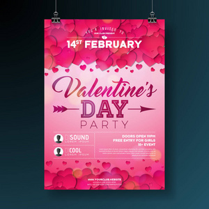 矢量情人节派对传单插图与排版和红色的心粉红色的背景。庆典海报模板设计邀请卡或贺卡