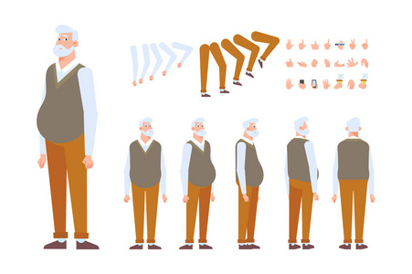 老人人物创作集各种观点, 姿势和手势。正面, 侧面, 后视图动画字符。卡通风格, 平面矢量插图