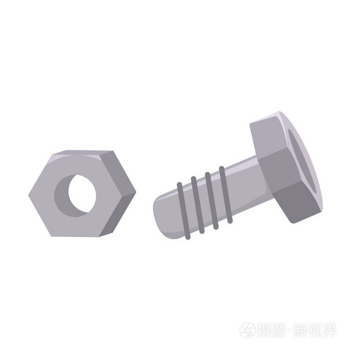 结构螺栓和六角螺母图标在白色背景上孤立的卡通风格.