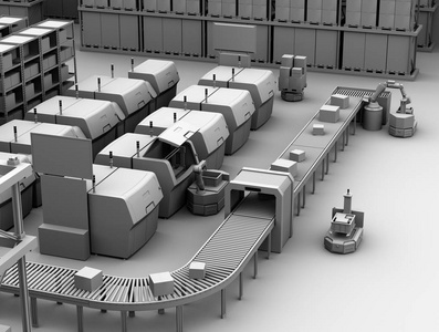 从金属3d 打印机中提取自动导引小车的粘土模型智能工厂概念3d 渲染图像