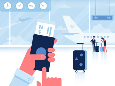 有护照和登机证的人在机场内等候航班。机场水平横幅等候室与人信息元素。旅游理念。平面矢量插图