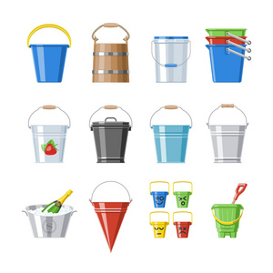 桶向量桶或木制满桶和孩子的塑料桶玩空或与水 bucketing 在花园和 bitbucket 园艺设置插图隔离在白色背景上
