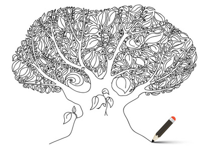 树。概述手绘矢量树干和树叶用铅笔在白色背景上