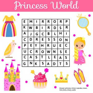 单词搜索益智儿童活动。教育儿童游戏的女孩。学习词汇。学龄前和幼儿的工作表。公主世界