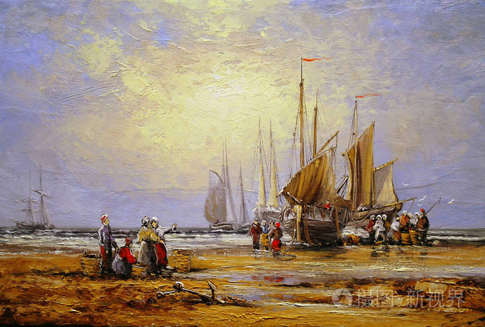 油画海洋景观, 渔夫, 美术, 船, 船