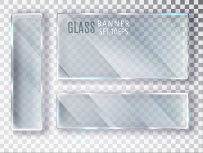 玻璃透明横幅设置。在透明背景上被孤立的题字的向量玻璃板材。平板玻璃。逼真的3d 设计。矢量透明物体 10 eps