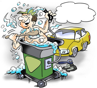 在车间清洁饮水机上洗澡的快乐技工的卡通插图