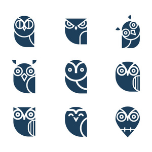 猫头鹰字形图标集合。媒介猫头鹰和标志设计元素的集合为学校教育标志标志