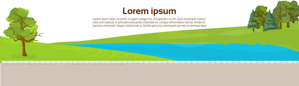 公共公园河或湖, 绿色草坪和树模板背景横向横幅