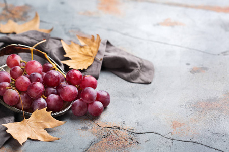 秋秋季收获的概念。在舒适的餐桌上成熟的多汁红葡萄。复制空间背景
