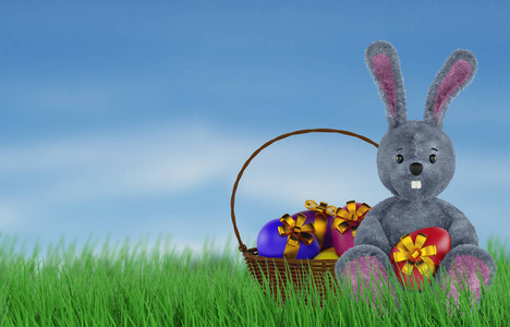 可爱的兔子和复活节蛋。3d 渲染