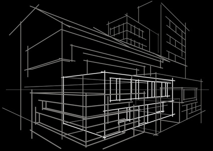 建筑在黑色背景上的线性建筑素描概念抽象