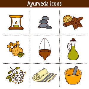 手绘风格的卡通阿育吠陀图标草药石
