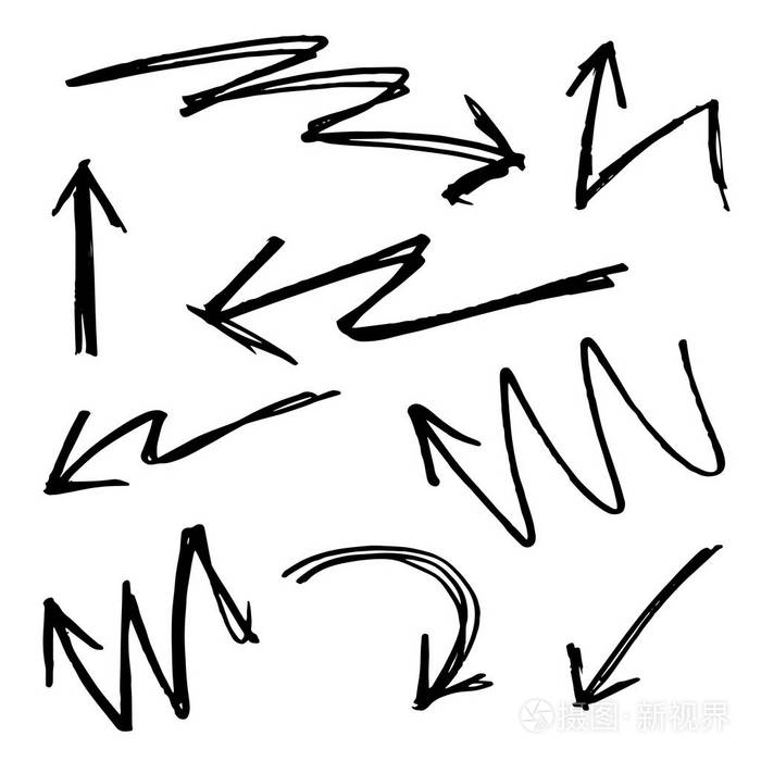 手绘制的箭头集集合的黑色方向铅笔素描符号,矢量图平面设计