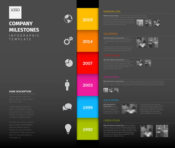 矢量彩色图表时间线报表模板, 带有颜色部分图标文本和照片深色垂直版本