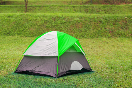 露营地绿草如茵的绿色圆顶帐篷图片