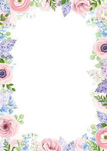 带粉红色蓝色和紫色花朵的矢量背景框