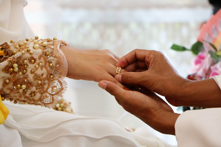在新娘的手指上的结婚戒指