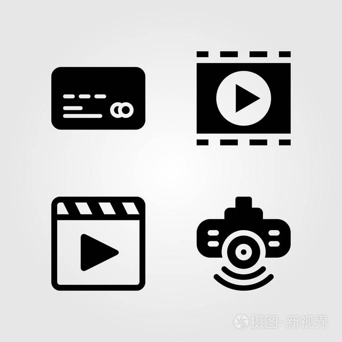 技术图标设置.矢量插图投影仪,电影播放器和信用卡