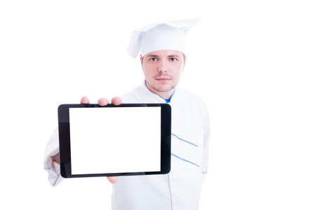 厨师或厨师显示平板电脑与空白屏