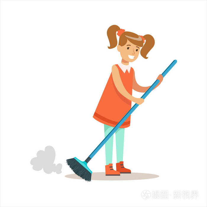 grl 打扫地板灰尘微笑卡通孩子帮助家务和做房子清理掉