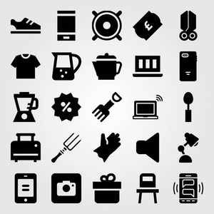 购物矢量图标集。手套, 相片照相机, 椅子和礼物