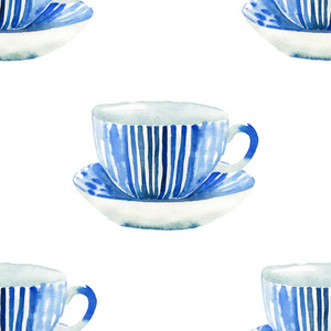 美丽的图形可爱的艺术招标精美的蓝瓷茶杯图案水彩手插图。完美的纺织品, 菜单, 墙纸