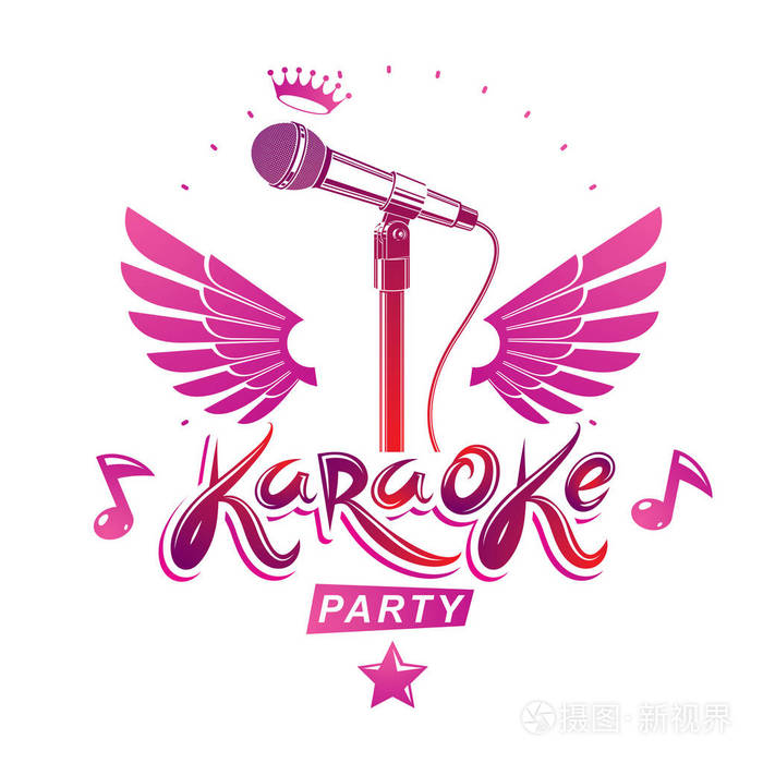 卡拉ok 派对请柬海报使用舞台或录音机麦克风, 翅膀和
