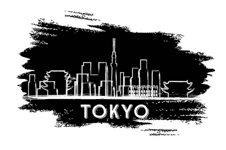 东京的天际线轮廓。手的素描画