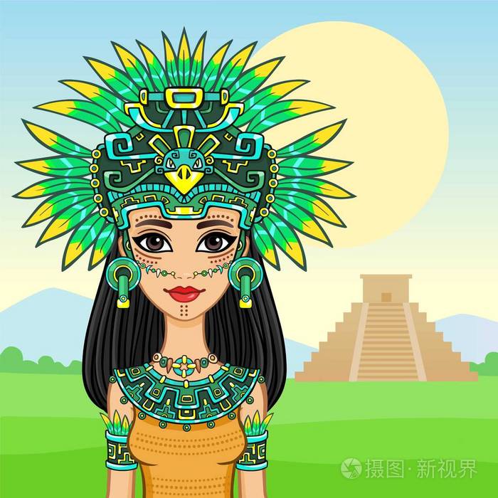 这个美丽的女孩穿着美国土著印第安人的动画肖像.背景
