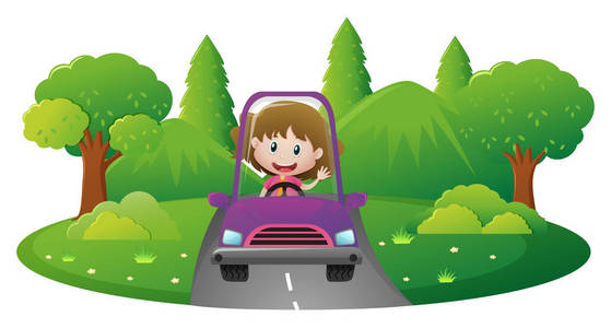 女孩子在道路上驾驶汽车