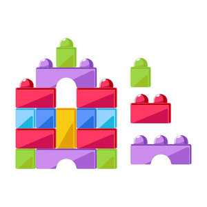 儿童玩具建筑立方体。幼儿园设计元素的儿童构造器玩物矢量平面孤立图标